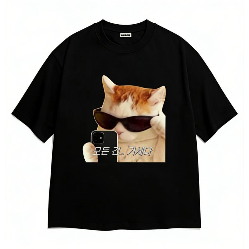 Neutralní Styl Cool Kočka Selfie Tričko Korejský Text Meme Potisk Krátký Rukáv Kulatý Výstřih Měkké Pratelné Vrcholy Vtipné Streetwear