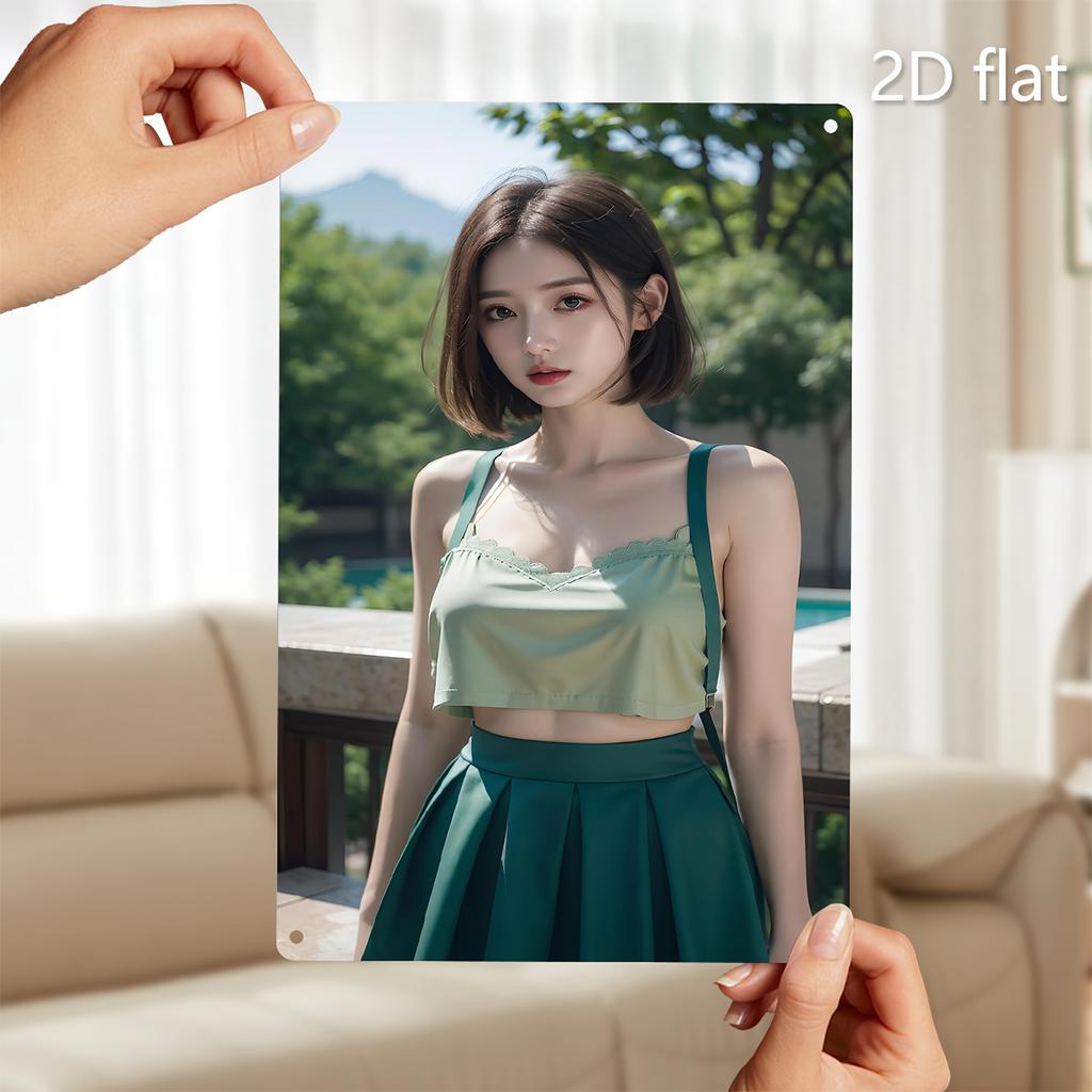 Elegant Green Dress Woman Metal Wall Art, 2D Flat Weather-Resistant Iron Sign with Pre-Drilled Holes for Outdoor & Indoor Decora