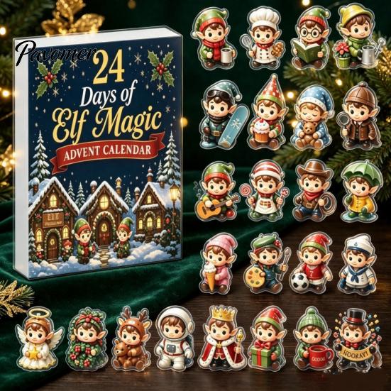 Christmas Decorative Hanging Charms Magic Elf Advent Calendar, 24 Day Acrylic 2D Ornament Set with Durable Holiday Patches Cute Mini Figures,