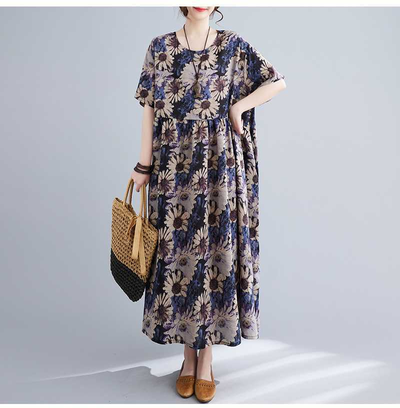 Loose and Fashionable Printed Cotton Linen Short Sleeved Casual Dress