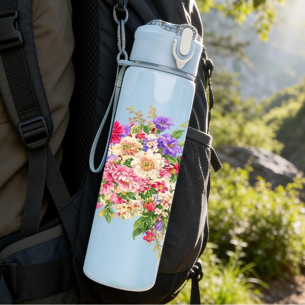 1PC Dense Mixed Spring Wild Flower Print 750ml Color Plastic Sports Water Bottle Leakproof Flip Straw Lid Suitable for Sports Office Home Use