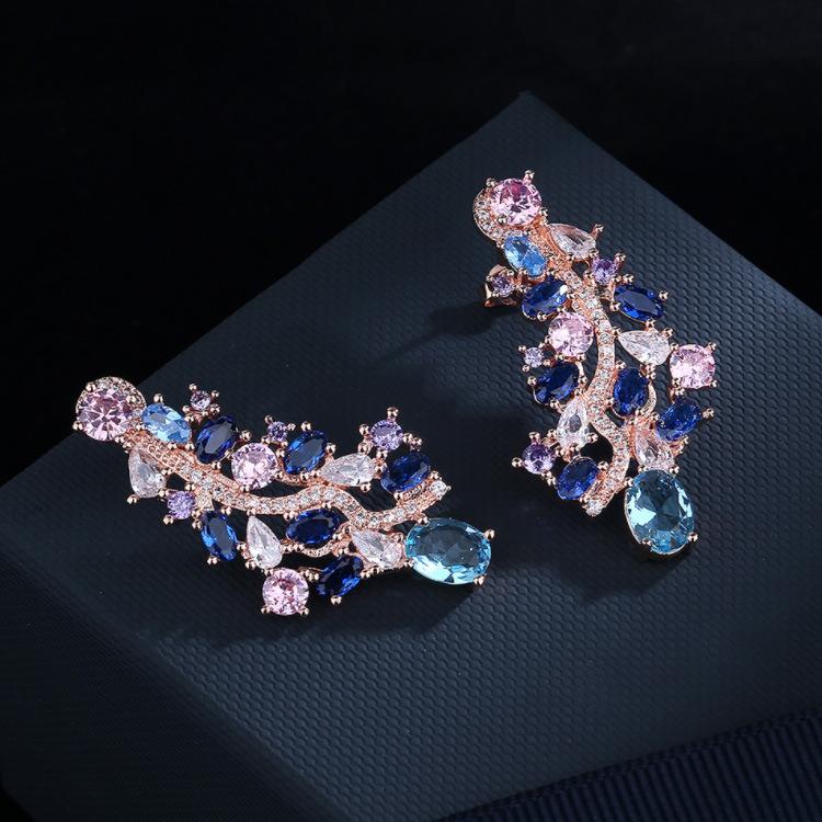 Idyllic Sapphire Tassel Earrings Cold Wind Jewelry Colored Zircon Earrings Long Ear Clips