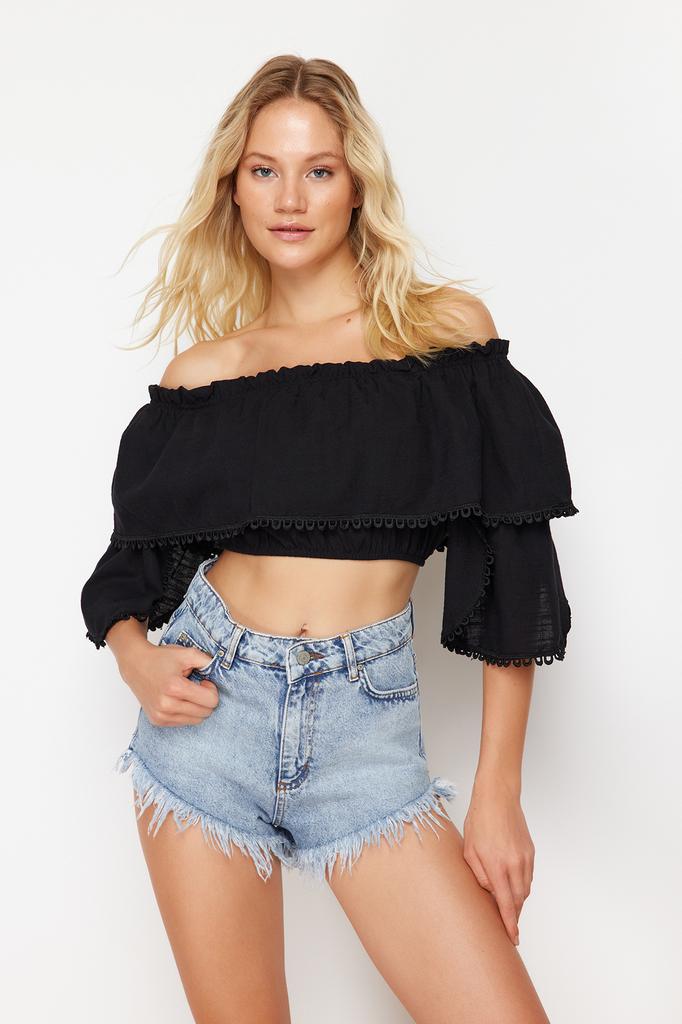 Women's Fashion New Blouse Black Crop Woven Flounce Blouse