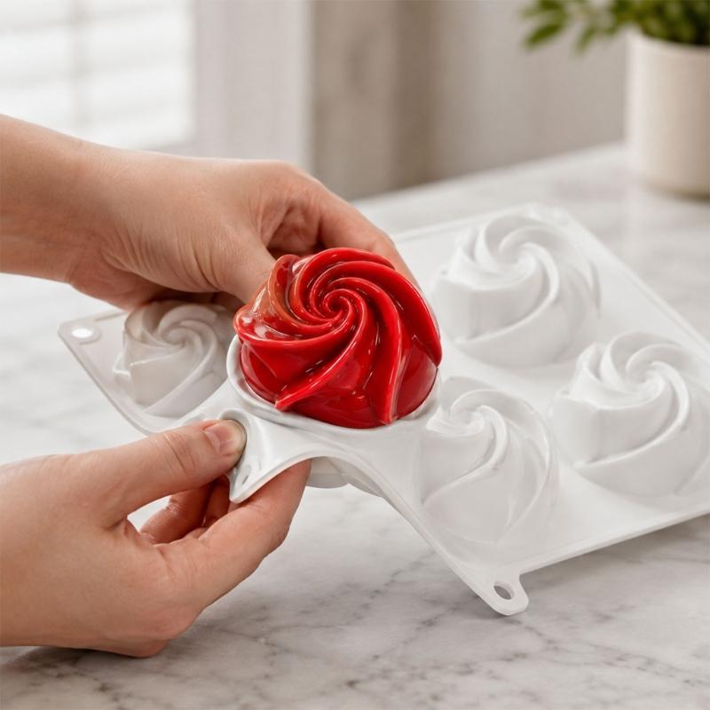 Helical Flower Dessert Molds 6 Cavity Rose Silicone Tray for Mousse Jellies and Chocolate with Flexible Smooth Release Design for Home Baking Projects