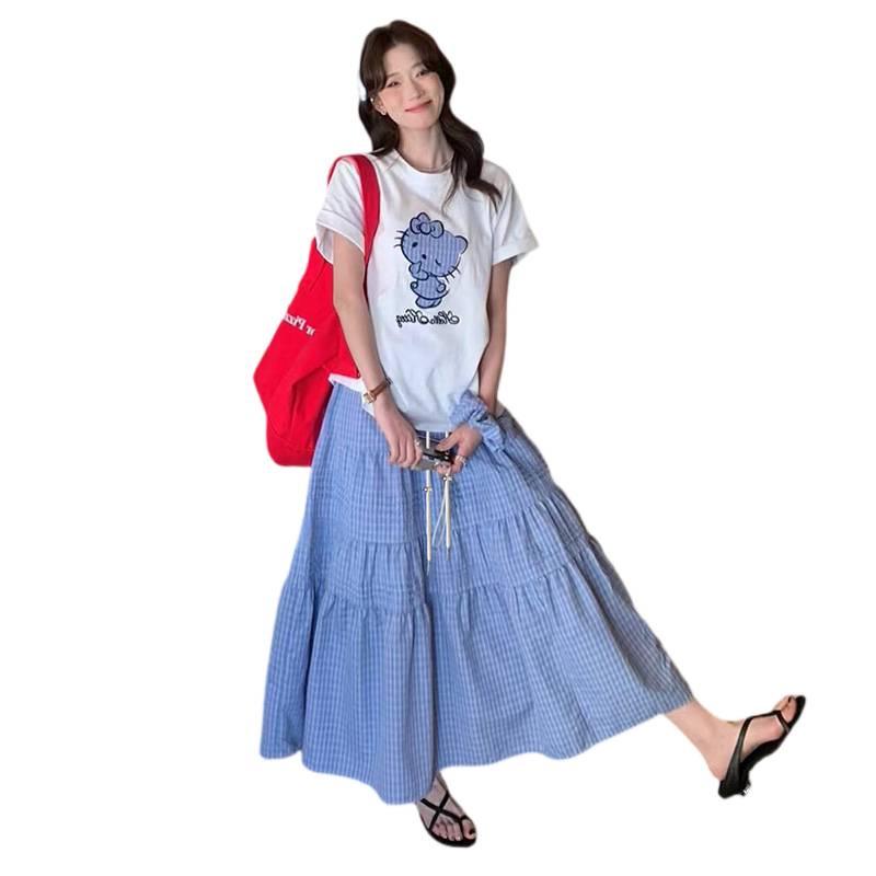 Maternity Summer 2026 Sweet Spicy Mom Cartoon T-shirt & Plaid Skirt Set