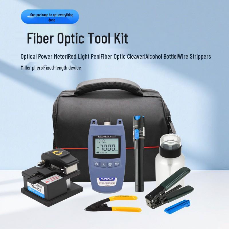 

Fiber Optic Tool Kit: Cold Splice, Cutter, Power Meter, Red Light Pen, Fiber & Miller Strippers Optical Tool Kit English
