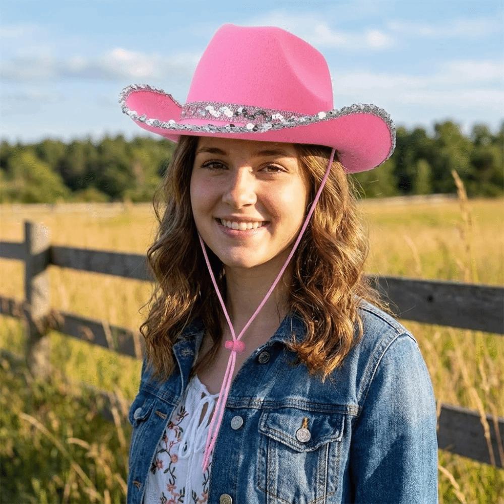 Wide Brim Western Cowboy Hat Furry Trim Sequin Cowgirl Hat Classic Jazz Hat Ladies