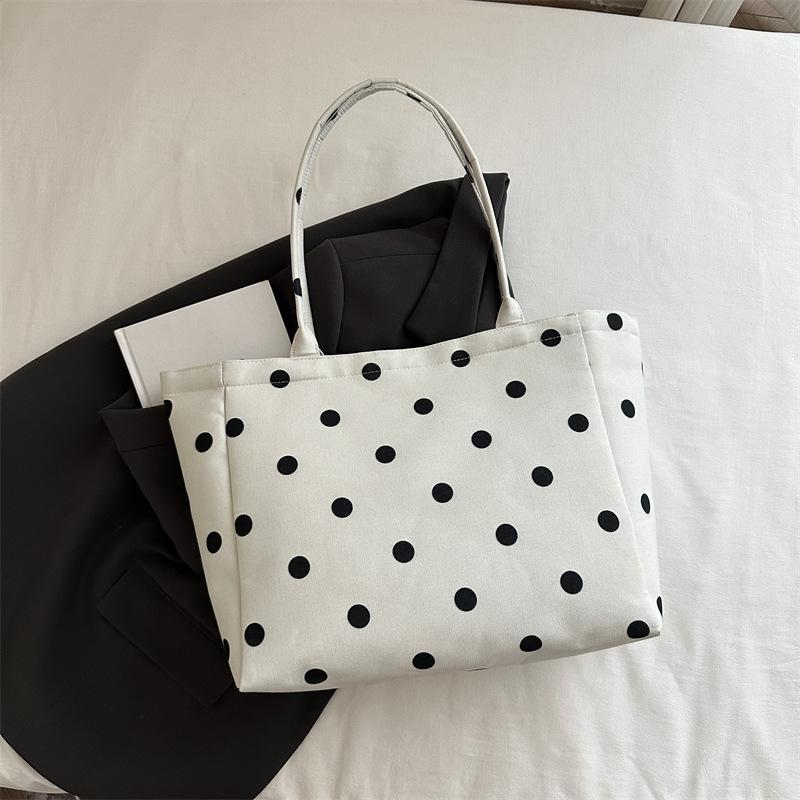 Women S Classic Polka Dot Canvas Tote Bag Large Capacity Shoulder Bag For Commute School