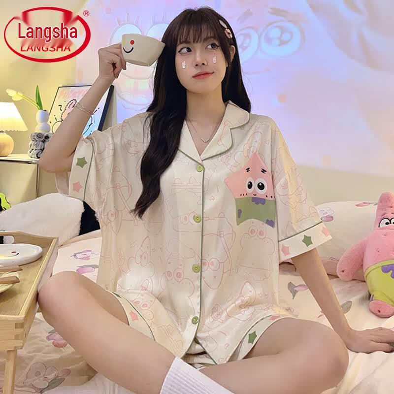 Langsha Women s Cool Ice Silk Cardigan Pajama Set XL (132-154 lbs)