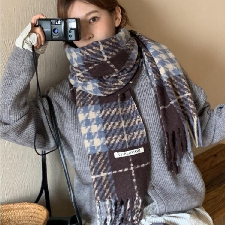 Korean Version of the New High-end Plaid Imitation Cashmere Fringed Scarf Women's Autumn and Winter Warm Versatile Shawl Scarf Couple
