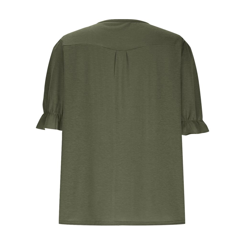 Women's Fashion Casual V,Neck Button,Front Pleated T,Shirt With Short Sleeves In Color