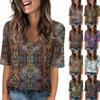 Women's Fashionable Casual Short-sleeved Five-quarter Sleeve Bohemian Print V-neck Top