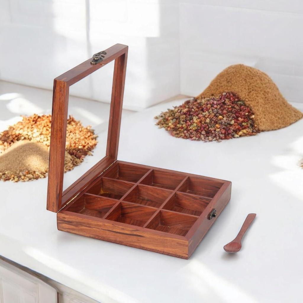 Wooden Spice Box With 9 Partitions & Spoon, Spice Container For Kitchen, Masala Dabba, Namakdani For Kitchen, Wooden Masala Box,