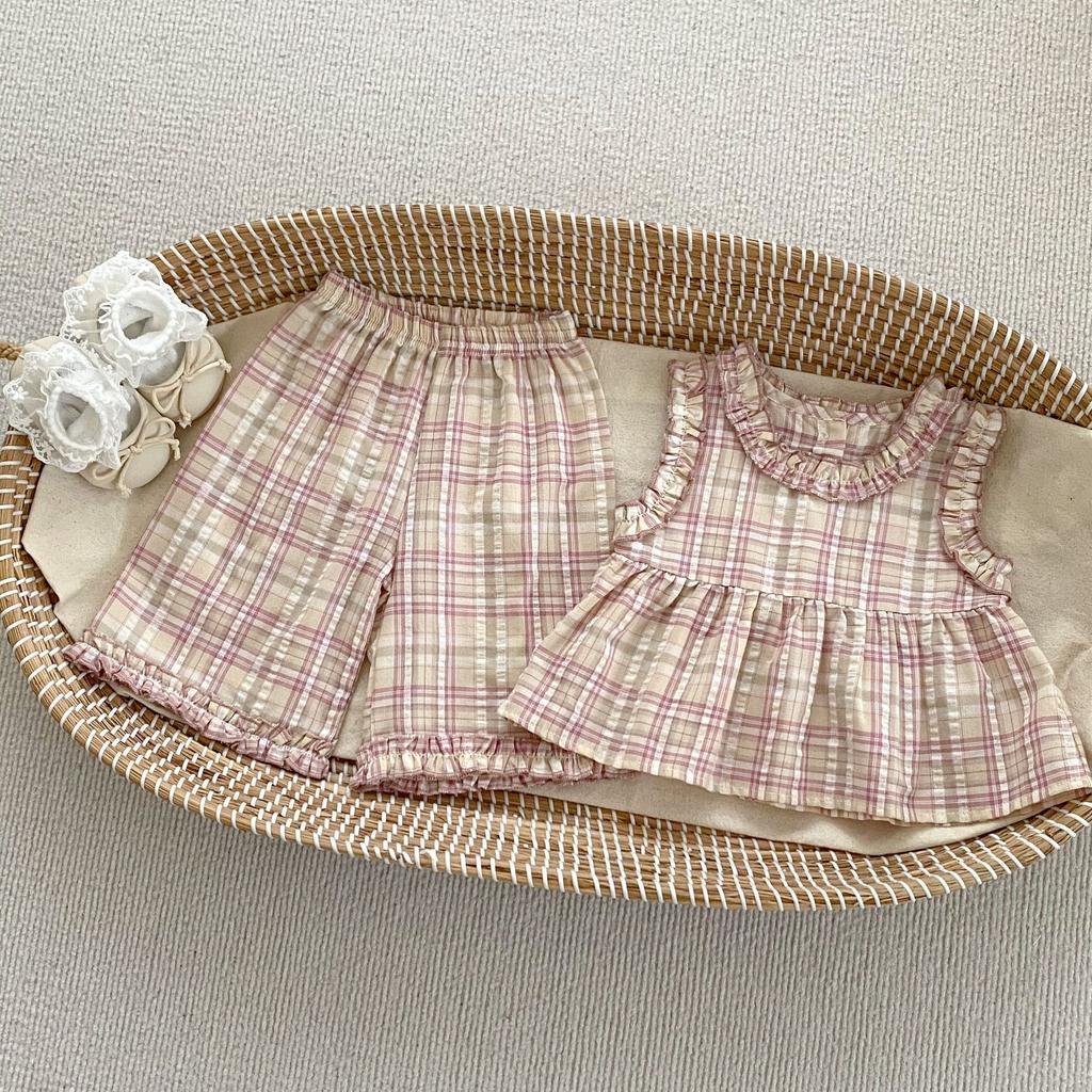 Girls Summer Plaid Sleeveless Top and Wide Leg Pants Set with Ruffle Trim