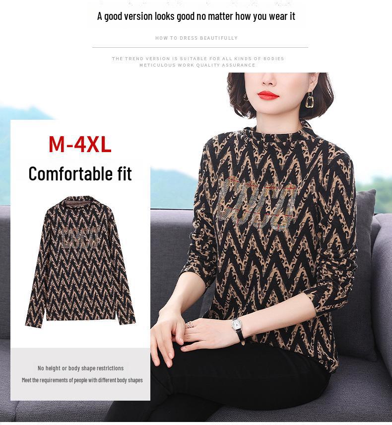 2022 Autumn/Winter Diamond Accent Plus Size Long Sleeve Half-Turtleneck Top for Women