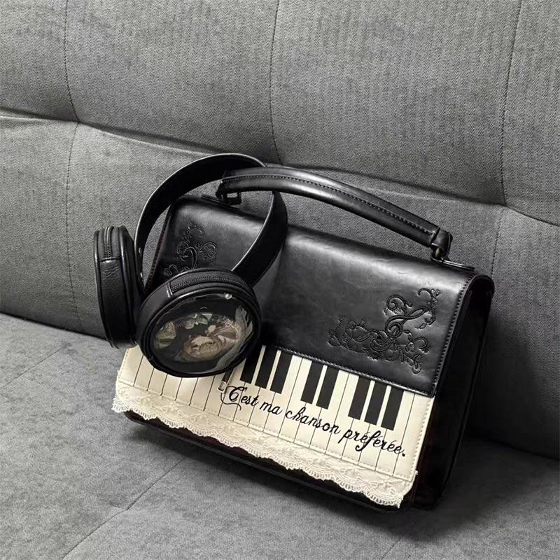 Girls Polka Dot Piano Key Handbag Black And White Retro Shoulder Bag Fashion Y2k Large Capacity Briefcase Lace Bow Cute Ita Bag