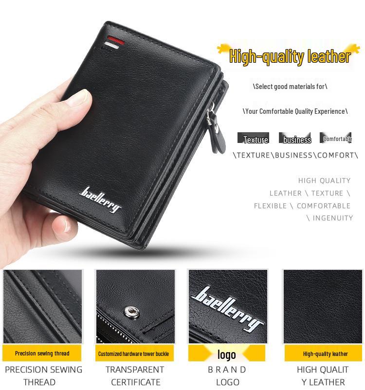 Baellerry Men's Zipper Short Wallet - Multi-Card Slot, Fashionable Vertical Mini Coin Purse