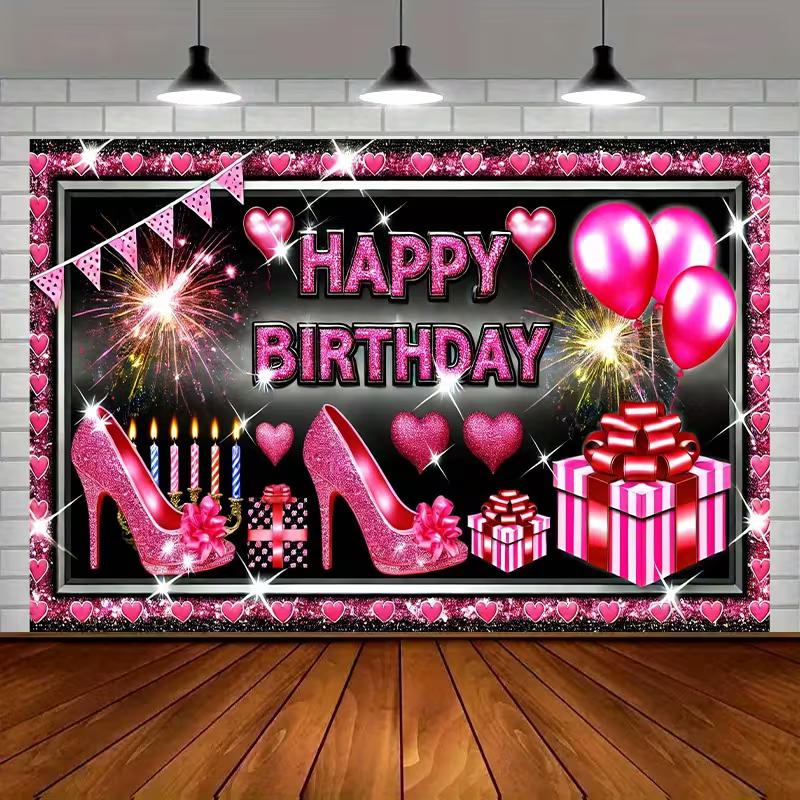 

Сверкающий розовый гобелен на день рождения, Глэм-дизайн с блестящими туфлями на высоком каблуке, Подарки и фейерверки, Шикарное настенное искусство для вечеринки 47.2x31.5inch/120*80cm