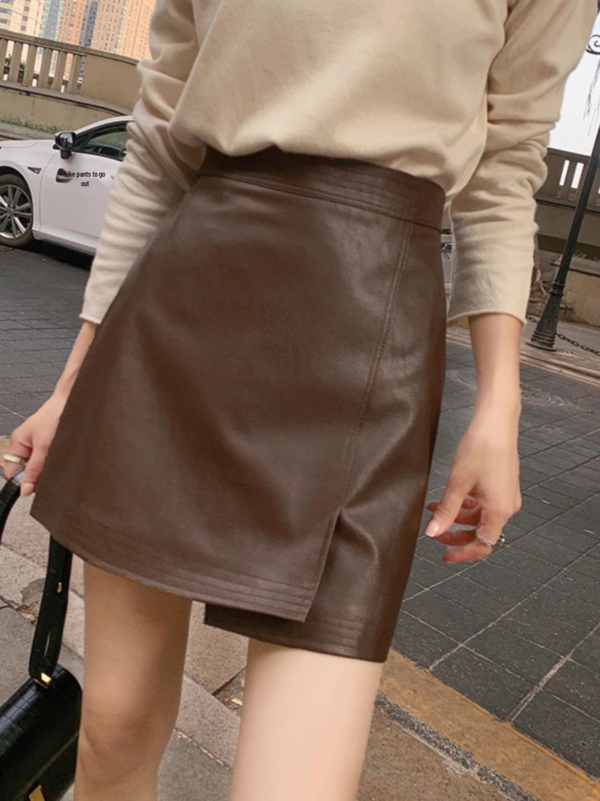 

Women s Fall/Winter High Waist Irregular Slit Leather Bodycon Mini Skirt XS