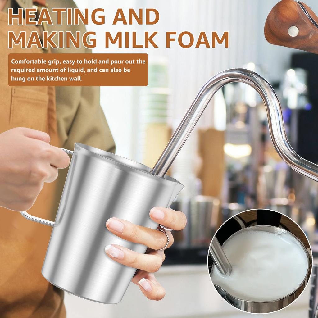 Mätkopp i rostfritt stål för kaffe, mjölk, latte med latte-nål, konstnärlig skala, lämplig för kaféer och restauranger