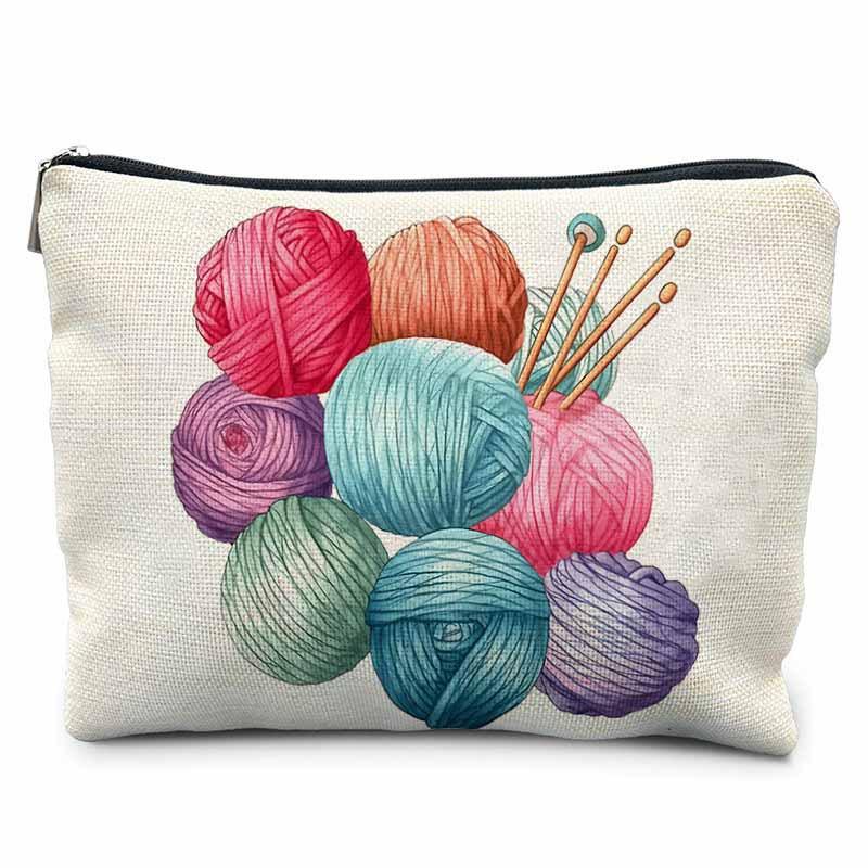 Creative Sewing Theme Print Makeup Bag Polyester Zipper Pouch Button Yarn Cat Pattern Organizer for Travel Daily Use 21.5x15cm