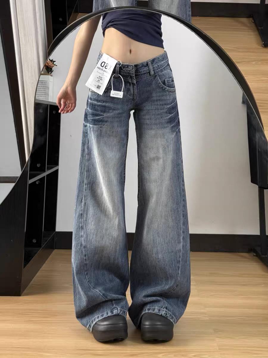 Women s Low Waist White Wide-Leg Retro Denim Jeans Double Extra Large