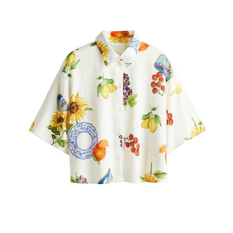 

Lapel Middle-Sleeve Floral-Print Linen Blended Shirt 1283136 High Waist Print Mini Skirt 1288650 White Tops L