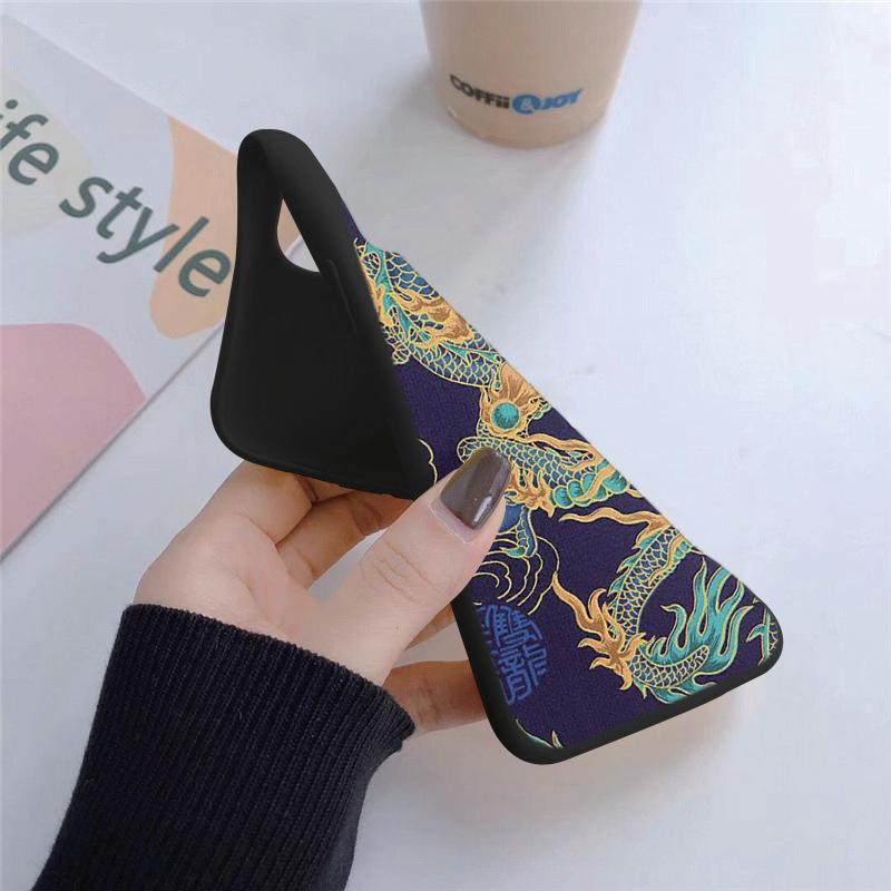 Chines Loong Patterned Soft Silicone Black Case For Xiaomi Redmi Note 13 Pro 13C Poco C65 Samsung A55 S24 iPhone Camera Protective Shockproof Cover