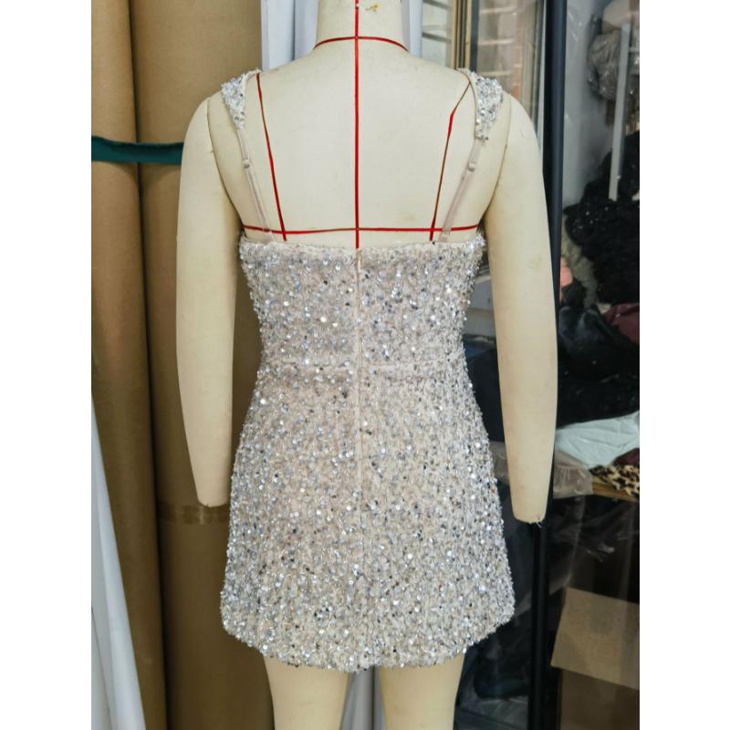 Pailletten Mini-Kleid Glitzernd Breiter Träger Quadratischer Ausschnitt Rückenfrei Bodycon Kurz Gewand Sexy Seitenschlitz Glitzer Ärmellos Geburtstagsparty Cocktail Club Kleid