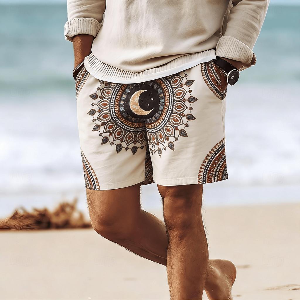 Men's Wave Rhombus Embroidery Print Drawstring Shorts, Spring Summer Ethnic Vacation Casual Shorts, Pocket Beach Shorts