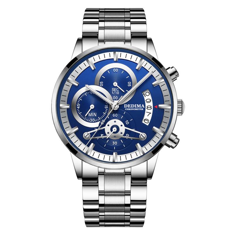 KINGNUOS Herrenuhr mit massivem Stahlarmband, wasserdicht, beschichtetes Glas, leuchtend, drei Augen, 6 Zeiger, Quarzuhr