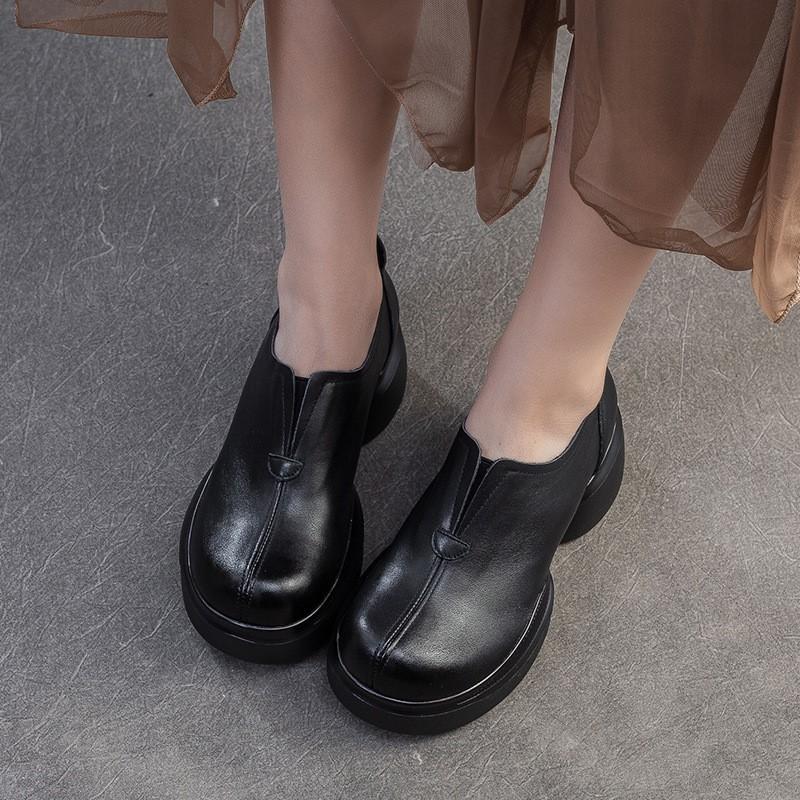Johnature Retro Solid Color Thick Soled Pumps Genuine Leather Comfortable And Versatile Women's Slip-on Shoes