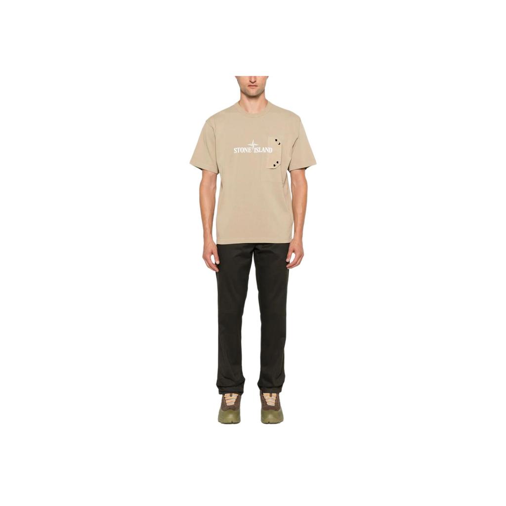 Stone Island Logo Print Loose Fit Drop Shoulder Short Sleeve T-Shirt Men Tops Beige 811521079-V0094