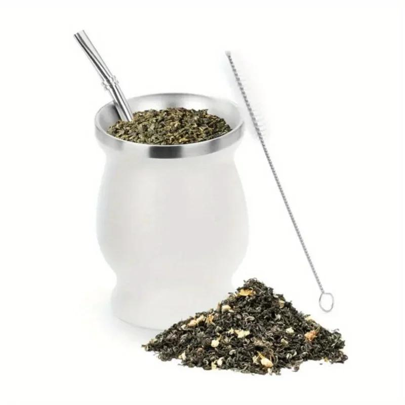 

3pcs/set Double-Wall Stainless Tea Set Water Mate Tea Cup 8 Ounces Stainless Steel with Spoon Straw Cleaning Brush Gourd Cup белый