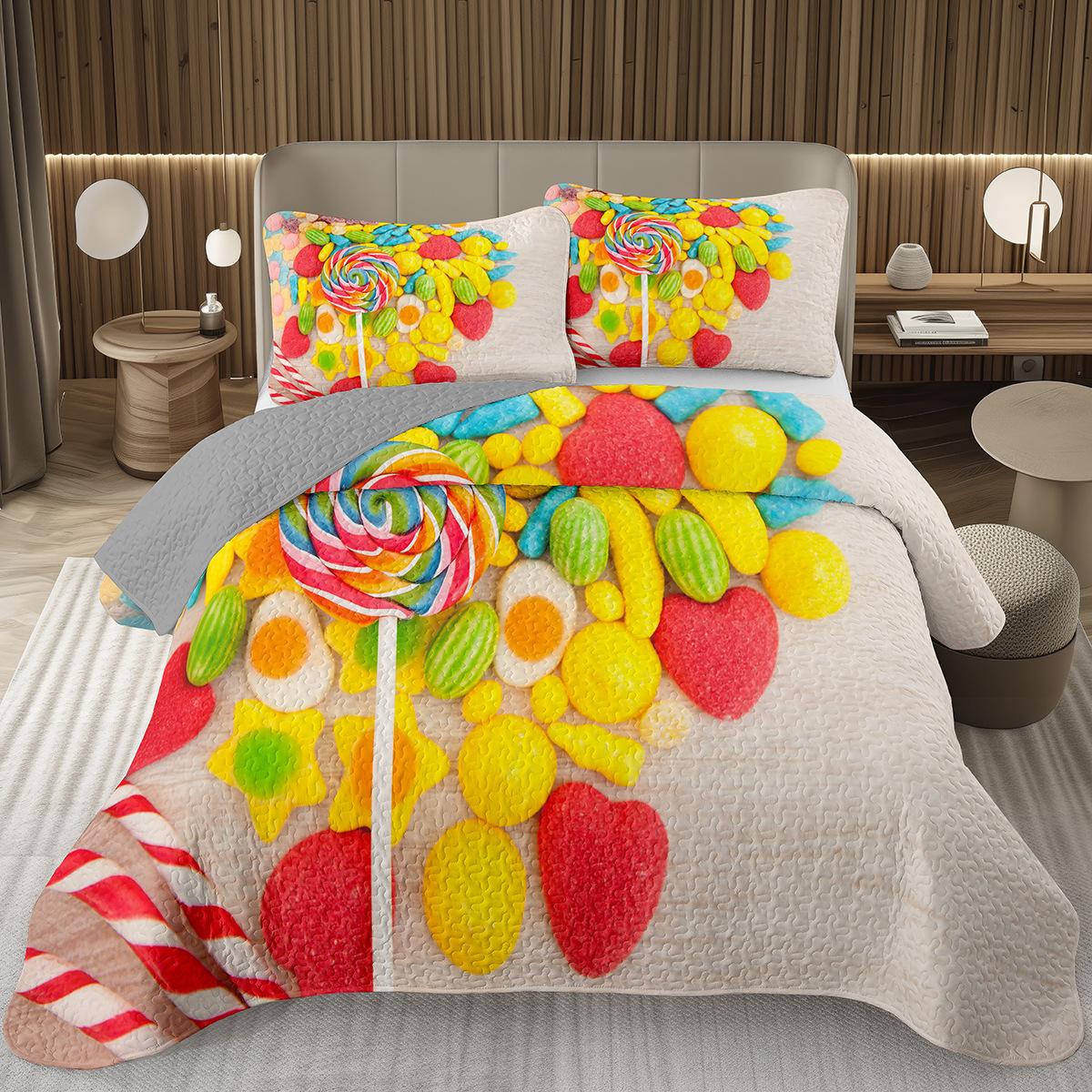Ensemble de courtepointe Sweet Candy pour Filles Garçons Adolescents, Ensemble de couvre-lit sur le thème de la sucette King Couvre-lit matelassé dessert Couverture de lit style dessin animé US Twin 173x228cm
