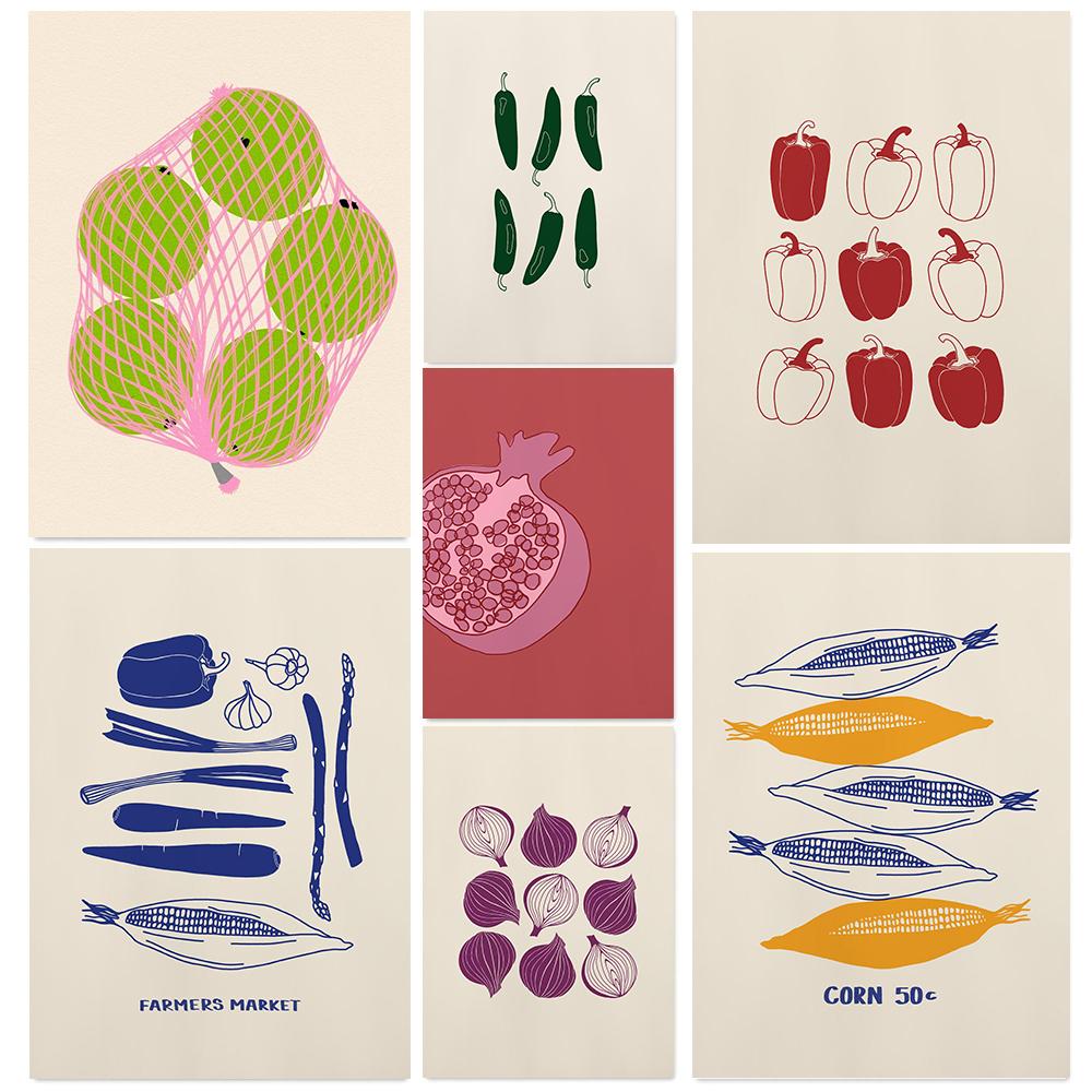 Minimalist Simple Fruits Vegetables Posters Onion Tomato Corn Abstract Modern Prints Canvas Wall Pictures Home Living Room Decor
