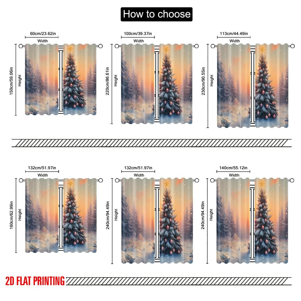 2pcs,2D Plane Printing Print Curtains Christmas Tree Snow Winter Sunset (3) 100% Polyester (without Rod) Festive Use for