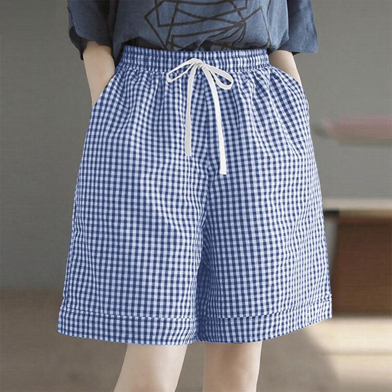 ZANZEA Women Casual Elastic Waist Loose Plaid Print Summer Shorts