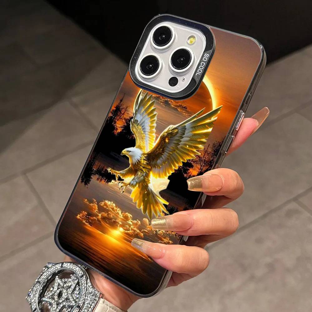 Stylish Eagle Golden Phone Case For iPhone 17,16,15,14,13,12,11 Plus,Pro Max,XS,Colorful Silver Black Cover