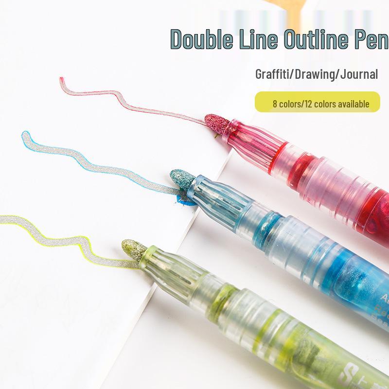 Children's Dual-Line Outline Highlighter Pen Set - 8 or 12 Colors for Drawing and Journaling