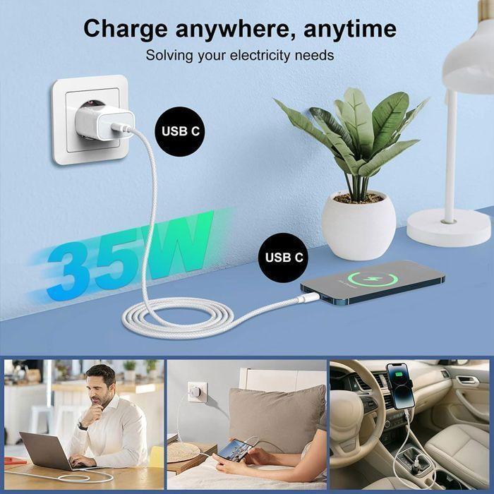 Chargeur Rapide 35W - E.F.Connection - USB-C - Câble 2M - Compatible iPhone 17 , 17 Pro , Pro Max , 16,15