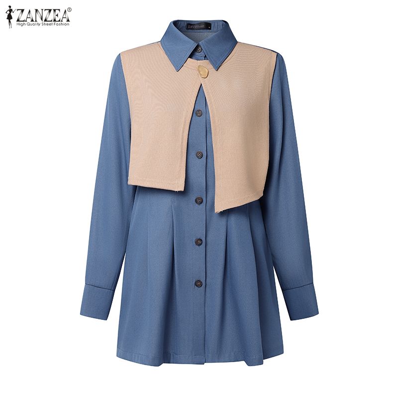 ZANZEA Women Casual Turn Down Collar Loose Long Sleeve Patchwork Blouse