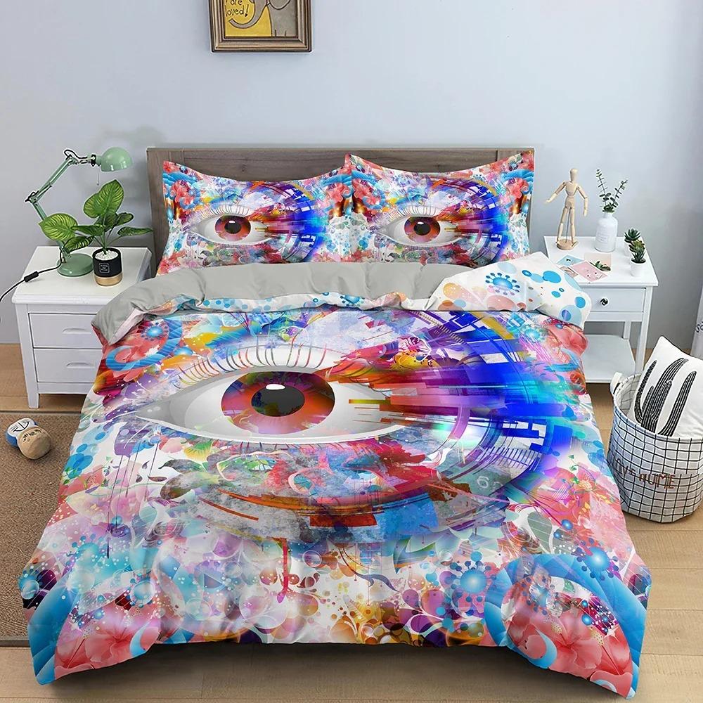 3D Blaues Böses Auge Bettbezug King Queen Größe Psychedelisches Magisches Zeichnungsaugen Bettwäscheset Kinder Jugendliche Erwachsene Polyester Steppdeckenbezug