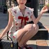 Cherry Sweet Bow V-Neck Dresses Stylish Folds Patchwork Sleeveless Female Clothing Korean Slim Summer A-Line Waist Mini Dress