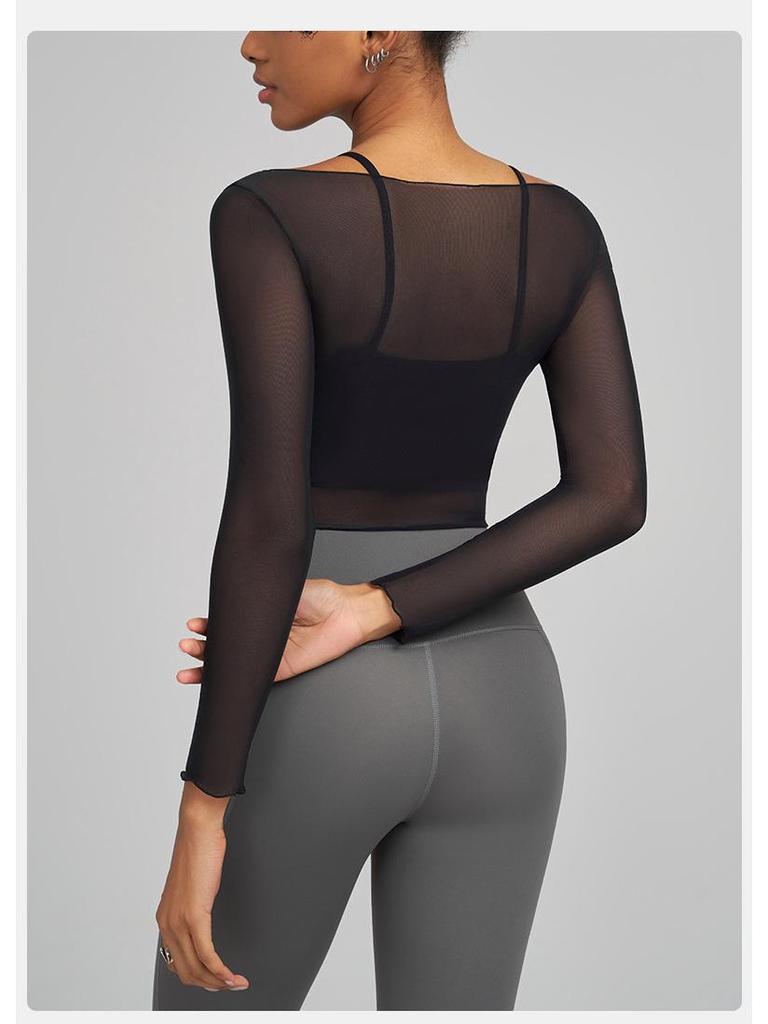 Joomon Mesh Yoga Set: Two-Piece Long Sleeve Quick-Dry Camisole with Integrated Cup Sports Bra