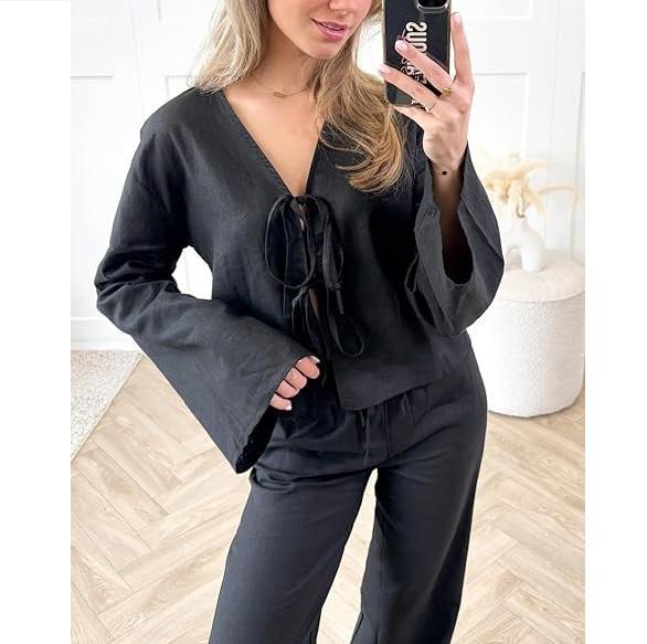 Women's Deep V-neck Flared Sleeve Tied Top Linen Lace Up Long Sleeve for Women Fashion Chic Casual Loose V Neck Shirt