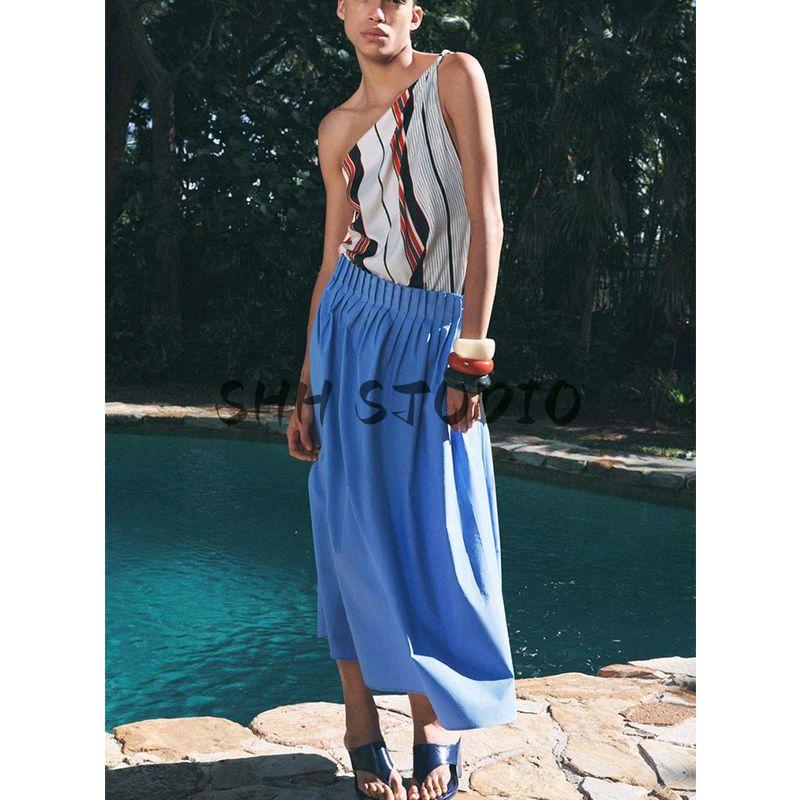 Spring and Summer New Women's Clothing Cotton High Waist A- line Hem Poplin Elegant Midi Skirt Skirt 2731101