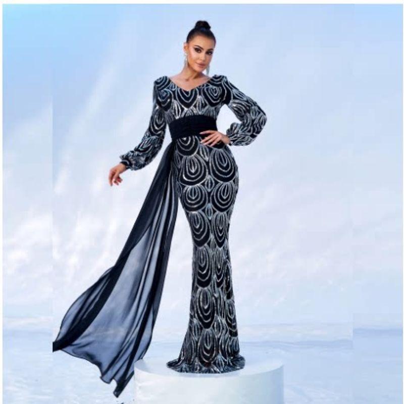 Evening Dress European Elegant Sequin Dress Long Sleeve Formal Dress Black M