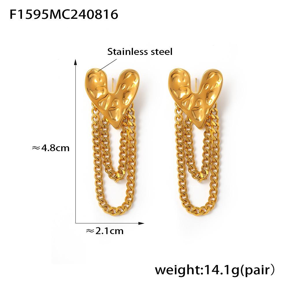 European & American Retro Heart Tassel Earrings - Hammered Texture Stainless Steel