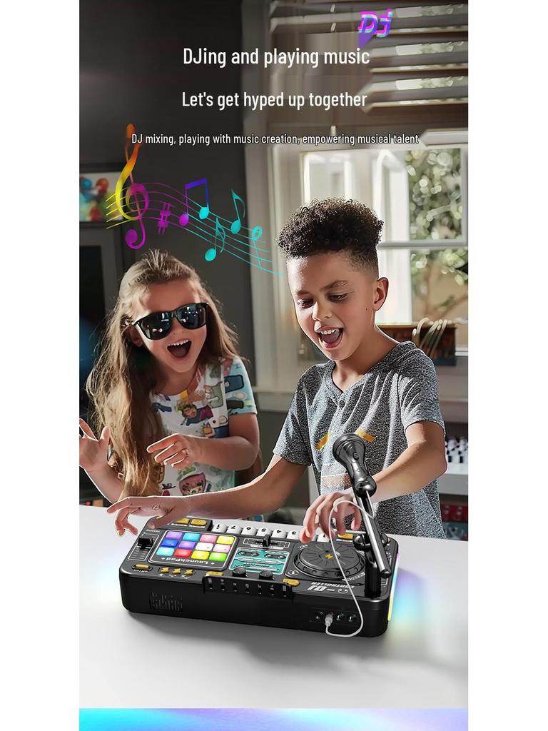 Toca-discos DJ Bluetooth Infantil com Percussão, Luzes e Microfone – Brinquedo Musical Multifuncional